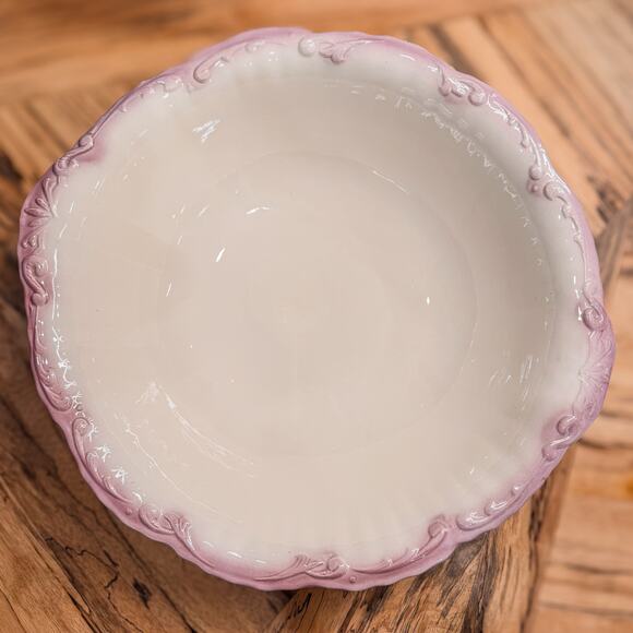 Vintage Victorian Style Glazed White Porcelain Wash Basin w Gorgeous Purple Rim - Picture 1 of 8